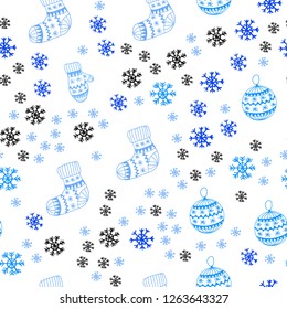 Light BLUE vector seamless texture with colored snowflakes, balls, socks, mittens. Colorful decorative design in xmas style. Design for textile, fabric, wallpapers.