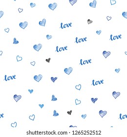 Light BLUE vector seamless texture with words LOVE YOU, hearts. Illustration with phrase LOVE YOU, hearts for valentine's day. Texture for window blinds, curtains.