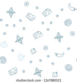 Light BLUE vector seamless texture with delicious snacks. Blurred decorative design of snacks in doodle style. Pattern for menu of cafes, bars, restaurants.