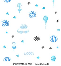 Light BLUE vector seamless texture with birthday gifts. Colorful illustration with a toy car, heart, baloon, tulip, candy, ball. Pattern for new year ads.