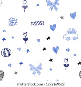 Light BLUE vector seamless texture with birthday gifts. Illustration with a gradient toy car, heart, baloon, tulip, candy, ball. Pattern for birthday gifts.