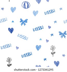 Light BLUE vector seamless texture in birthday style. Shining illustration with aheart, baloon, candy, gift, star, ribbon. Pattern for new year ads.