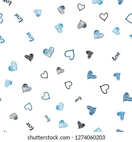 Light BLUE vector seamless texture with words LOVE YOU, hearts. Illustration with words of love, hearts in abstract style. Pattern for design of fabric, wallpapers.