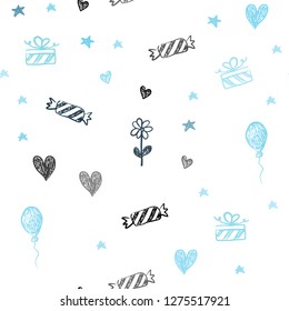 Light BLUE vector seamless texture in birthday style. Colorful illustration with aheart, baloon, candy, gift, star, ribbon. Design for colorful commercials.