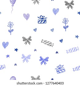 Light BLUE vector seamless texture in birthday style. Shining illustration with aheart, baloon, candy, gift, star, ribbon. Pattern for new year ads.
