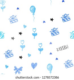 Light BLUE vector seamless texture in birthday style. Illustration with a colorfulheart, baloon, candy, gift, star, ribbon. Pattern for carnival, festival ads.