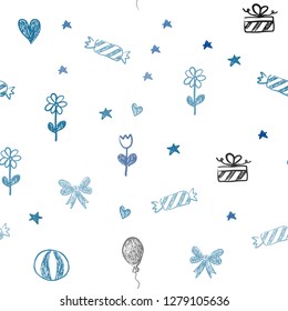 Light BLUE vector seamless texture in birthday style. Illustration with a gradientheart, baloon, candy, gift, star, ribbon. Pattern for carnival, festival ads.