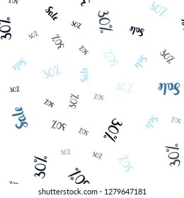 Light BLUE vector seamless texture with selling prices 30 %. Colored words of sales with gradient on white background. Backdrop for mega promotions, discounts.