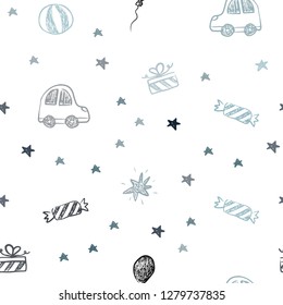 Light BLUE vector seamless texture in birthday style. Illustration with a colorful toy car, baloon, candy, star, ball. Design for colorful commercials.