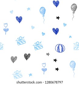 Light BLUE vector seamless texture in birthday style. Shining illustration with aheart, baloon, candy, gift, star, ribbon. Design for holiday adverts.