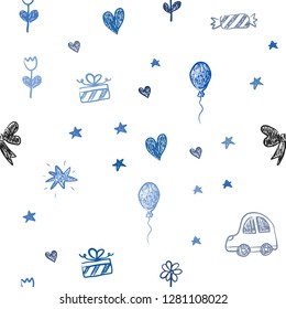 Light BLUE vector seamless texture with birthday gifts. Illustration with a gradient toy car, heart, baloon, tulip, candy, ball. Pattern for new year ads.