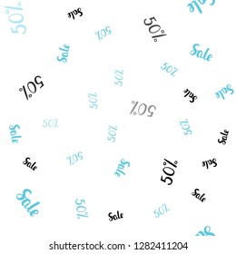 Light BLUE vector seamless texture with selling prices 50 %. Colored words of sales with gradient on white background. Backdrop for super sales on Black Friday.