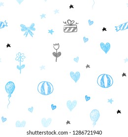 Light BLUE vector seamless texture in birthday style. Design in xmas style with aheart, baloon, candy, gift, star, ribbon. Design for holiday adverts.