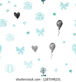 Light BLUE vector seamless texture in birthday style. Shining illustration with aheart, baloon, candy, gift, star, ribbon. Design for holiday adverts.