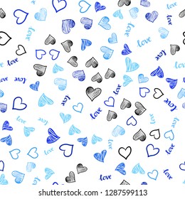Light BLUE vector seamless texture with words LOVE YOU, hearts. Illustration with words of love, hearts in abstract style. Template for business cards, websites.