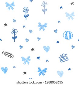 Light BLUE vector seamless texture in birthday style. Shining illustration with aheart, baloon, candy, gift, star, ribbon. Pattern for new year ads.
