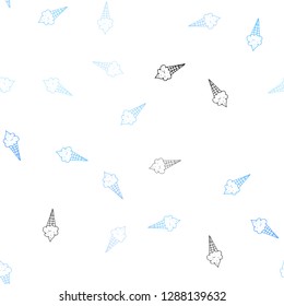 Light BLUE vector seamless texture with delicious ice-cream. Beautiful colorful illustration with ice-cream cones. Template of a black hot beverage in a cafe.