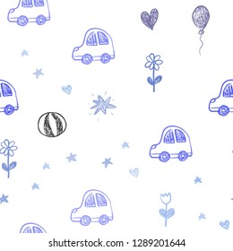 Light BLUE vector seamless texture with birthday gifts. Design in xmas style with a toy car, heart, baloon, tulip, candy, ball. Pattern for birthday gifts.