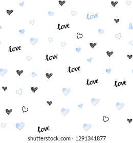 Light BLUE vector seamless texture with words LOVE YOU, hearts. Romantic illustration with colorful phrase LOVE YOU, hearts. Design for wallpaper, fabric makers.