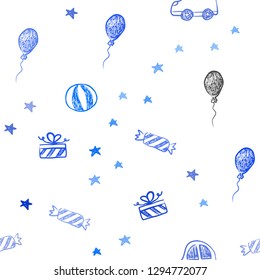 Light BLUE vector seamless texture in birthday style. Shining illustration with a toy car, baloon, candy, star, ball. Template for new year postcards.