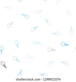 Light BLUE vector seamless texture with delicious ice-cream. Illustration with set of delicious sweet ice-cream cones. Design for ad, poster, banner of cafes, restaurants.
