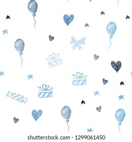 Light BLUE vector seamless texture in birthday style. Shining illustration with aheart, baloon, candy, gift, star, ribbon. Template for new year postcards.