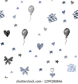Light BLUE vector seamless texture in birthday style. Illustration with a colorfulheart, baloon, candy, gift, star, ribbon. Pattern for birthday gifts.
