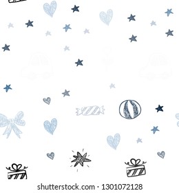 Light BLUE vector seamless texture with birthday gifts. Shining illustration with a toy car, heart, baloon, tulip, candy, ball. Pattern for new year ads.