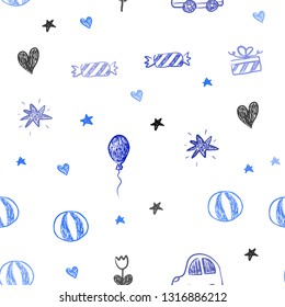 Light BLUE vector seamless texture with birthday gifts. Illustration with a colorful toy car, heart, baloon, tulip, candy, ball. Pattern for carnival, festival ads.