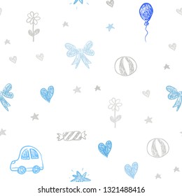 Light BLUE vector seamless texture with birthday gifts. Illustration with a gradient toy car, heart, baloon, tulip, candy, ball. Pattern for new year ads.