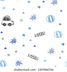 Light BLUE vector seamless texture in birthday style. Illustration with a colorful toy car, baloon, candy, star, ball. Template for new year postcards.