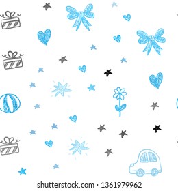 Light BLUE vector seamless texture with birthday gifts. Colorful illustration with a toy car, heart, baloon, tulip, candy, ball. Pattern for birthday gifts.