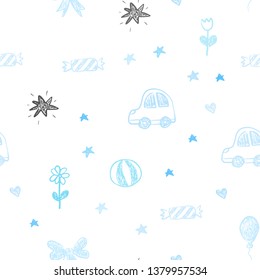Light BLUE vector seamless texture with birthday gifts. Shining illustration with a toy car, heart, baloon, tulip, candy, ball. Template for new year postcards.