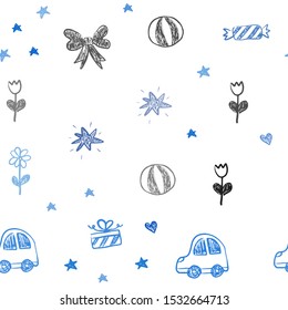 Light BLUE vector seamless texture with birthday gifts. Illustration with a colorful toy car, heart, baloon, tulip, candy, ball. Template for new year postcards.