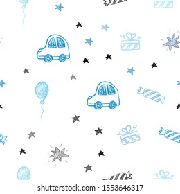 Light BLUE vector seamless texture in birthday style. Illustration with a colorful toy car, baloon, candy, star, ball. Template for new year postcards.