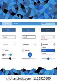 Light BLUE vector style guide with triangles. Colorful ui/ux kit with header consisted of triangles. This template you can use for websites.