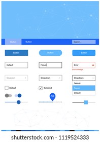 Light BLUE vector style guide with triangles, circles. Ui Ux kit with colorful polygonal background in its header. This template you can use for landing pages.