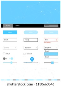 Light BLUE vector style guide with triangles, circles. Ui Ux kit with colorful polygonal background in its header. This template you can use for landing pages.