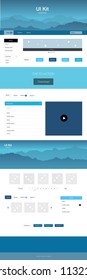 Light BLUE vector style guide with mountains. Beautiful ui ux kit with colorful mountains in its header. Simple colorful design for tourist websites.