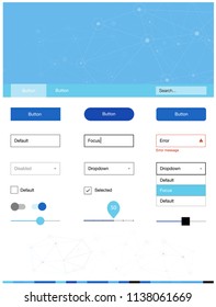 Light BLUE vector style guide with triangles, circles. Ui Ux kit with colorful polygonal background in its header. This sample is for your landing page.