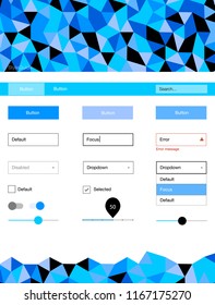 Light BLUE vector style guide with triangles. Ui Ux kit with colorful polygonal background in its header. Modern template for your landing page.
