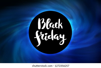 Light BLUE vector template with a black hole, space. Abstract illustration with glitter colorful cosmic stars. Backdrop for ads, leaflets of Black Friday.