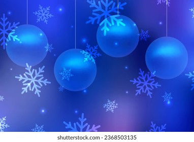 Plantilla de vector BLUE claro en estilo carnaval. Colorida ilustración con nieve y bolas de Navidad de año nuevo. Plantilla para letras, tipografía.