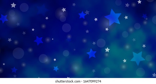 Plantilla vectorial AZUL claro con círculos, estrellas. Ilustración abstracta brillante con gotas coloridas, estrellas. Patrón de diseño de tela, tapicería.
