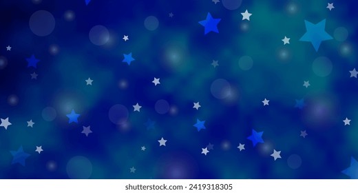 Plantilla de vector BLUE claro con círculos, estrellas. Ilustración abstracta brillante con gotas coloridas, estrellas. Patrón para el diseño de tela, papel pintado.