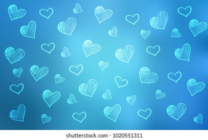 Light BLUE vector template with doodle hearts. Glitter abstract illustration with colorful hearts in romantic style. Template for Valentine's greeting postcards.