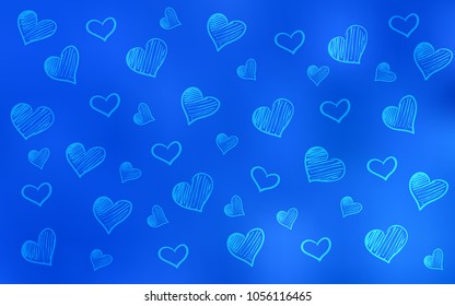 Light BLUE vector template with doodle hearts. Decorative shining illustration with hearts on abstract template. Pattern for carnival, festival romantic leaflets.