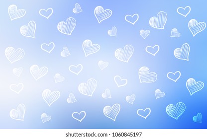 Light BLUE vector template with doodle hearts. Glitter abstract illustration with colorful hearts in romantic style. Design for ad, poster, banner of Valentine Day.