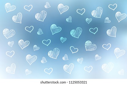 Light BLUE vector template with doodle hearts. Decorative shining illustration with hearts on abstract template. Template for Valentine's greeting postcards.