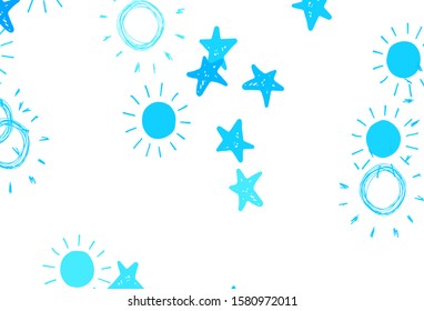 Light BLUE vector template with doodle stars, suns. Blurred decorative design in simple style with stars, suns. Pattern for astronomy websites.